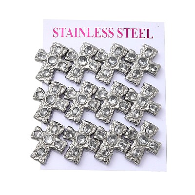 6 Pairs 304 Stainless Steel Cubic Zirconia Cross Stud Earrings EJEW-P330-01P-1
