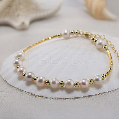 Natural Pearl & 925 Sterling Silver Curved Tube Beaded Bracelet BJEW-Z025-01G-1