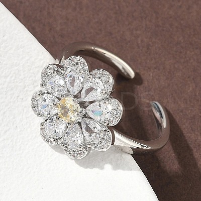 Flower Brass Micro Pave Cubic Zirconia Cuff Rings for Women RJEW-A069-01B-P-1