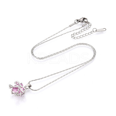 Brass Cubic Zirconia Heart with Bowknot Pendant 304 Stainless Steel Chain Necklaces NJEW-T018-04P-1