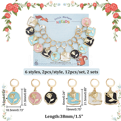Alloy Enamel Flat Round/Square with Rose Pendant Locking Stitch Markers HJEW-AB00004-1
