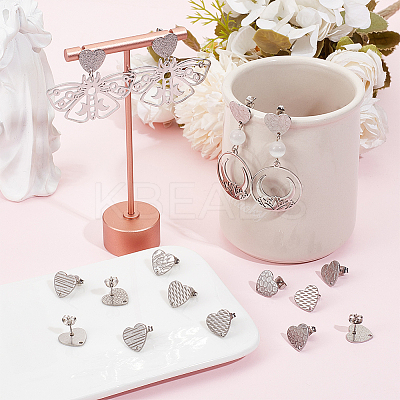 48Pcs 6 Styles Textured Heart 304 Stainless Steel Stud Earring Findings STAS-SP0001-48-1