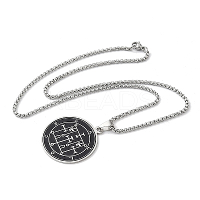 201 Stainless Steel Black Enamel Flat Round Sigil Pendant Necklaces NJEW-H065-03P-1