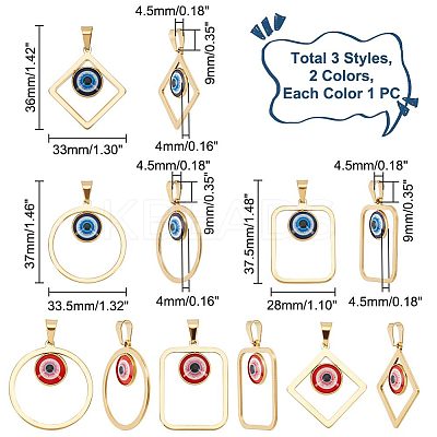 6Pcs 6 Styles PVD Vacuum Plating Evil Eye 304 Stainless Steel Resin Pendants STAS-UN0042-19-1