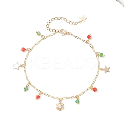 Christmas Brass Pave Clear Cubic Zirconia Snowflake & 304 Stainless Steel Star and Round Glass Tassel Brass Paperclip Chain Anklets AJEW-AN00753-1