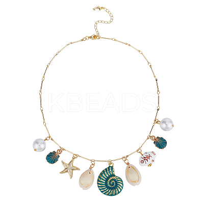 Natural Cowrie Shell & Alloy Enamel & Acrylic Pearl Pendant Necklaces NJEW-OC00003-1