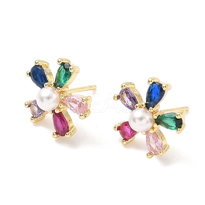 Flower Brass Cubic Zirconia Stud Earrings EJEW-P336-06G-1