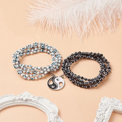 2Pcs 2 Color Lampwork Evil Eye & Glass Stretch Multi-strand Bracelets Set BJEW-JB08785-1
