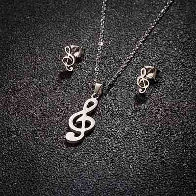 Stainless Steel Musical Note Stud Earrings & Pendant Necklaces Sets for Women PW-WG29B01-02-1