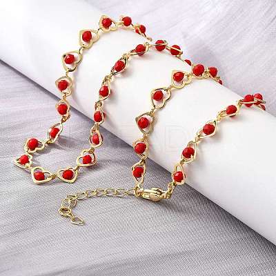 Brass & Red Faceted Glass Heart Link Chain Necklaces for Women NJEW-D314-05G-1