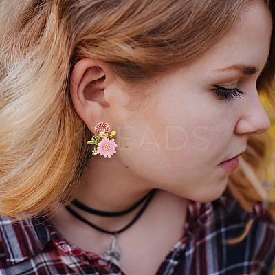 3 Pairs 3 Colors Enamel Flower with Mushroom Stud Earrings with Crystal Rhinestone EJEW-AN0003-07-1