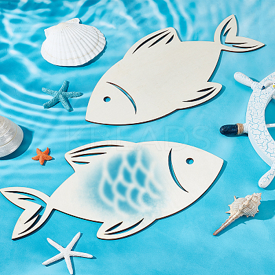 2Pcs Fish Unfinished Wood Cutouts Ornaments WOCR-WH0002-01-1