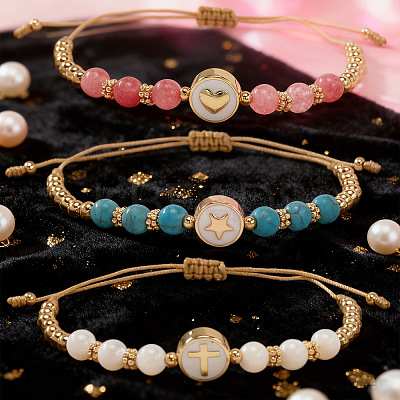 3Pcs Minimalist Adjustable Synthetic Turquoise & Watermelon Stone Glass & Natural Shell Beads Braided Bead Bracelets SR5600-5-1