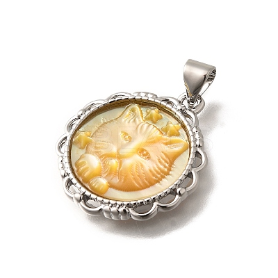 Brass Pave Natural Yellow Shell Carved Cat Pendants KK-Z091-08P-01-1