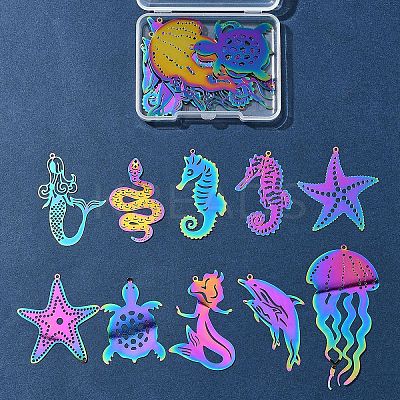 20Pcs 10 Styles Ion Plating(IP) 201 Stainless Steel Etched Metal Embellishments Pendants STAS-FS0001-52-1