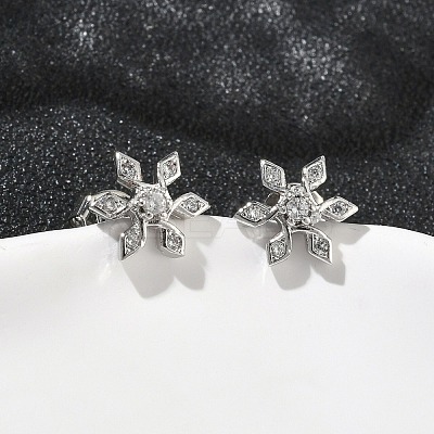 Flower Brass Micro Pave Clear Cubic Zirconia Stud Earrings LS-EJEW-F383-07P-1