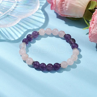 8mm Round Natural Rose Quartz & Amethyst Beaded Stretch Bracelets for Women Men BJEW-JB10533-01-1