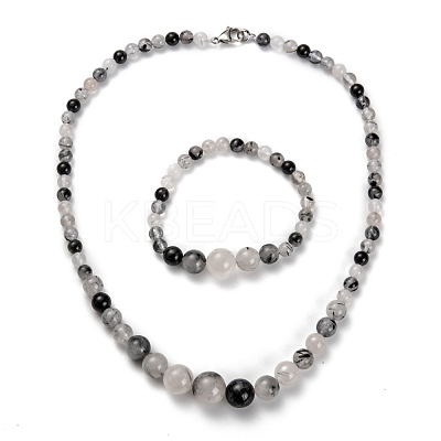 Natural Tourmalinated Quartz Graduated Beaded Necklaces & Stretch Bracelets Jewelry Sets SJEW-H304-01D-1