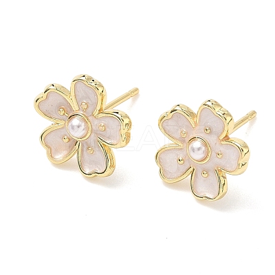Flower Brass & ABS Plastic Pearl Stud Earrings EJEW-P336-07G-01-1