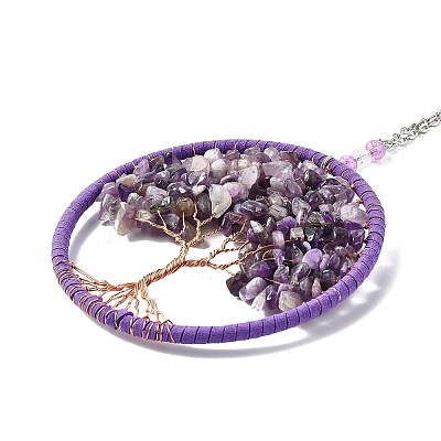 Wire Wrapped Chips Natural Amethyst Big Pendant Decorations HJEW-A005-03-1