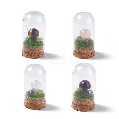 Natural Mixed Stone Mushroom Display Decoration with Glass Dome Cloche Cover G-E588-03-1