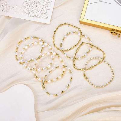 2Pcs 2 Styles ABS Plastic Imitation Pearl & Shell Pearl & Brass Beads Bracelets BJEW-SW01606-1
