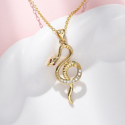 Brass Micro Pave Clear Cubic Zirconia Snake Pendant Necklaces NJEW-S438-02B-G-1