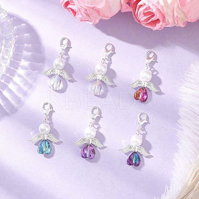 Heart Angel Glass & Glass Pearl Pendant Decorations HJEW-JM03773-02-1