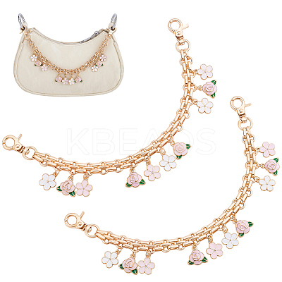 2Pcs Alloy Pink and White Enamel Flower Tassel Bag Decorative Chains AJEW-BBC0001-05-1