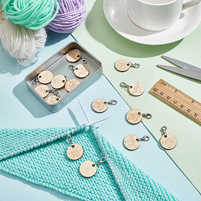 Wood Flat Round with Paw Print Pendant Locking Stitch Markers HJEW-NB00118-1
