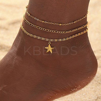 Summer Beach 304 Stainless Steel Starfish Charms 3 Layer Anklets for Women AJEW-F068-01G-1