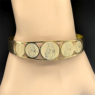 Religion 201 Stainless Steel Cuff Bangles for Women LS-BJEW-F507-02G-1