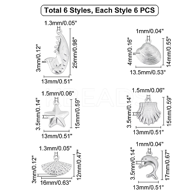 36Pcs 6 Style 304 Stainless Steel Charms STAS-UN0020-38P-1
