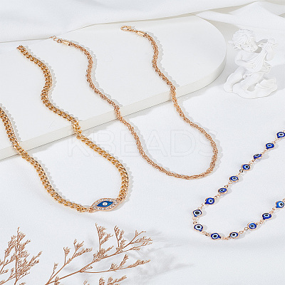 3Pcs 3 Styles Blue Evil Eye Alloy Link Chain Necklaces for Women NJEW-LP0009-13-1