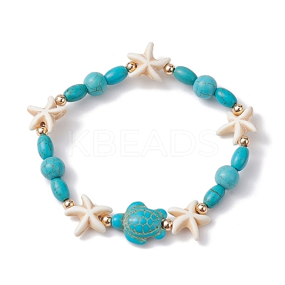 Turtle & Starfish Synthetic Turquoise Beaded Stretch Bracelet BJEW-JB09955-1