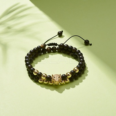 2Pcs 2 Style Natural Obsidian & Synthetic Hematite Braided Bead Bracelets Set with Cubic Zirconia Leopard BJEW-JB08119-01-1