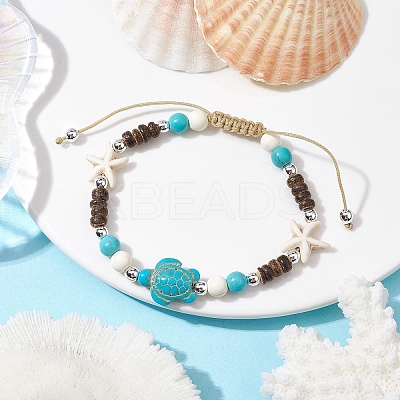 Starfish & Tortoise Synthetic Turquoise Braided Bead Bracelet BJEW-JB09967-02-1