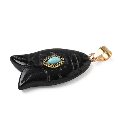 Natural Black Obsidian & Synthetic Turquoise Carved Pendants G-Z084-01G-07-1