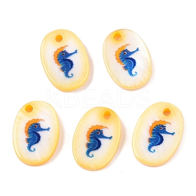 Natural Freshwater Shell Double Face Printed Oval Charms SHEL-T020-05M-1