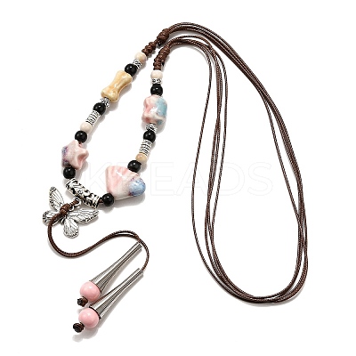 Ethnic Style Alloy & Porcelain Ceramic Beads Butterfly Pendant Tassel Y Necklaces LS-NJEW-D308-01C-1