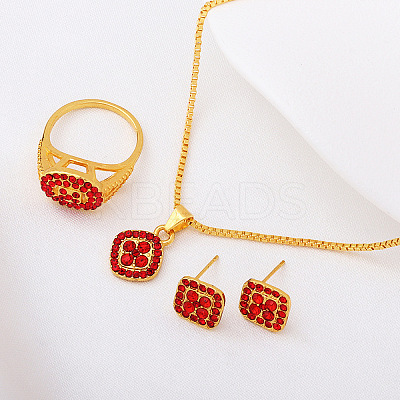 Rhombus Alloy Rhinestone Pendant Necklaces & Stud Earrings & Rings Sets FS-WGFED7A-05-1