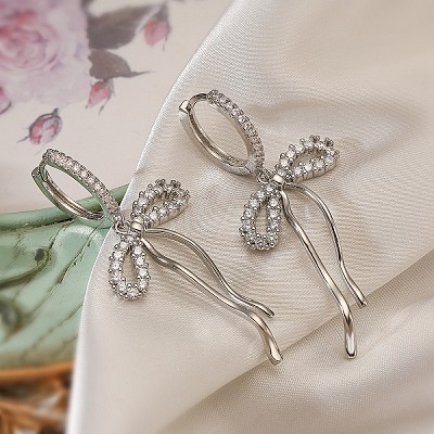 Bowknot Brass Micro Pave Clear Cubic Zirconia Hoop Earrings for Women LS-EJEW-A110-03P-1