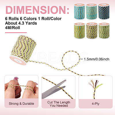 6 Rolls 6 Colors 4-Ply Polycotton Cord with Metallic Thread OCOR-TA0003-05A-1
