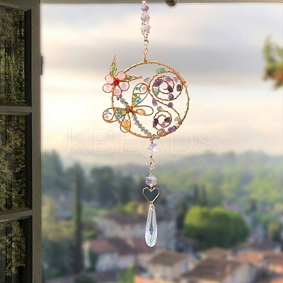 Wire Wrapped Natural Gemstone Beads & Metal Dragonfly Hanging Ornaments PW-WG454D0-01-1