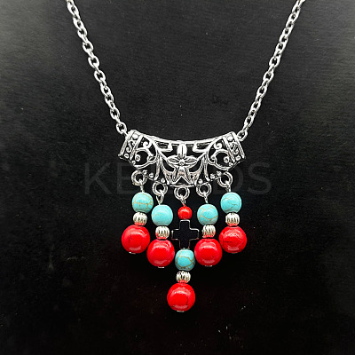 Ethnic Style Alloy with Synthetic Turquoise Tassel Pendant Necklaces for Women LS9593-1