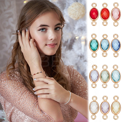 24Pcs 12 Colors Brass Pave Faceted Glass Connector Charms KK-UN0005-53-1