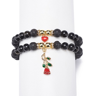 2Pcs 2 Style Style Natural Lava Rock & Golden Sheen Obsidian & Synthetic Hematite Stretch Bracelets Set BJEW-JB08734-1