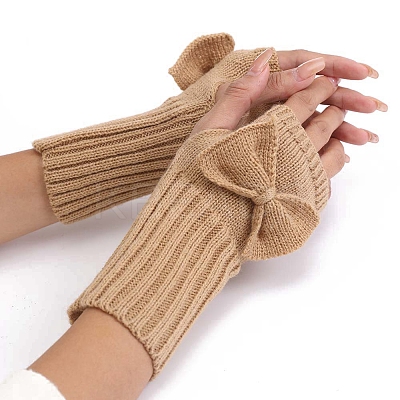 Acrylic Fibers Bowknot Knitting Fingerless Gloves PW-WG73400-09-1