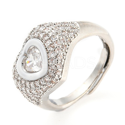 Enamel Heart Adjustable Ring with Clear Cubic Zirconia RJEW-Q781-01P-04-1
