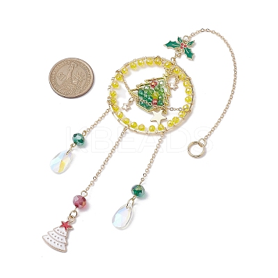 Glass Beads Wire Wrapped Brass Christmas Tree Pendant Decoration X1-HJEW-TA00235-1